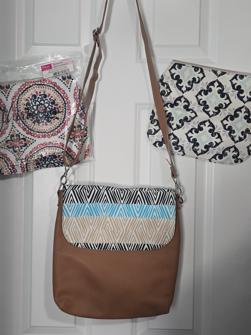 Crossbody Shoulder Bag with Geometric Flap - Brown/Tan With 2 Other Zip On Flaps